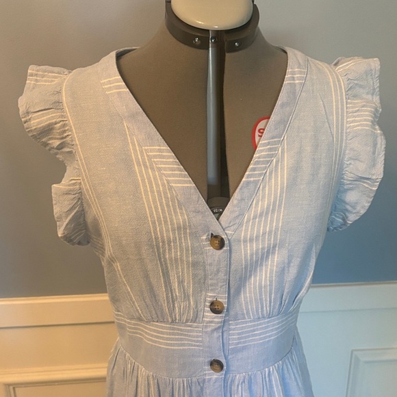 Light Blue with White Striped Ruffle Sleeve Button Front Dress LNWOT - Picture 1 of 14